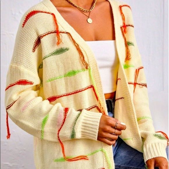 NWT! STRIPED PATTERN FRINGE DROP SHOULDER OPEN FRONT CARDIGAN IN CREAM! - Picture 2 of 12